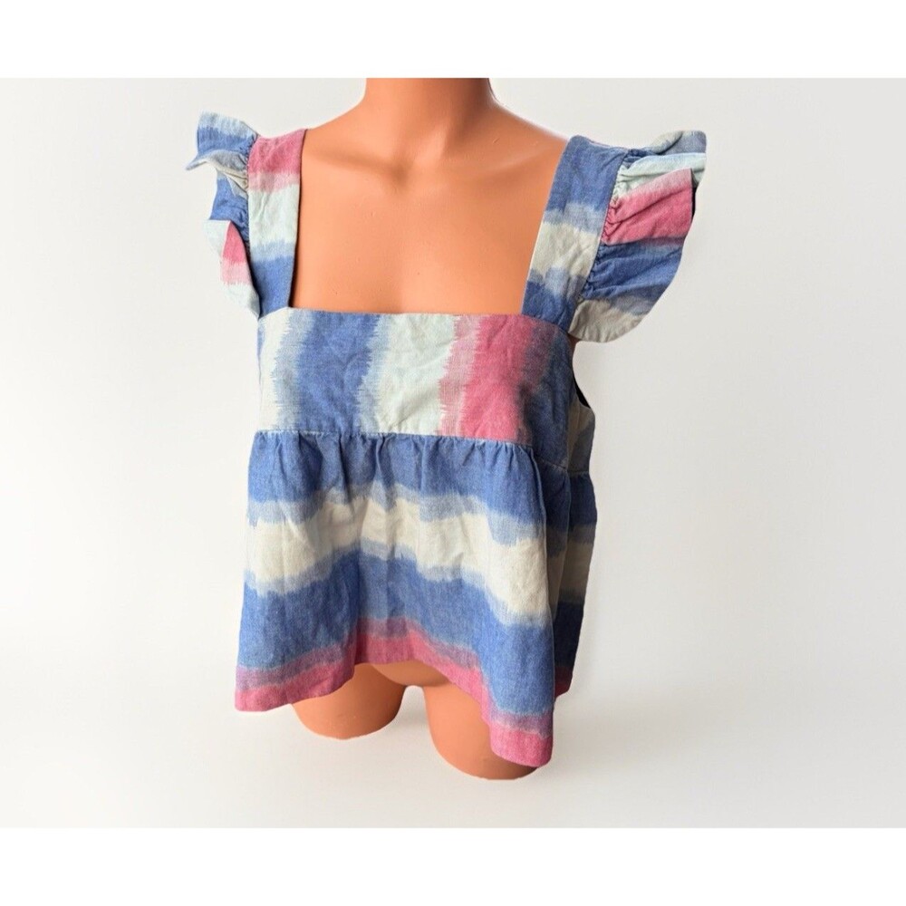 Outerknown Astrid Tank Top Ruffle Sleeve Organic Cotton Blue Pink Size L NWT